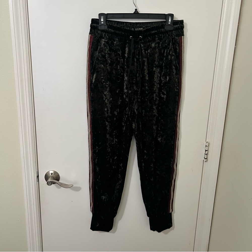 Zara Women’s Dark Emerald Green Crushed Velvet Velour Track Pants Joggers
